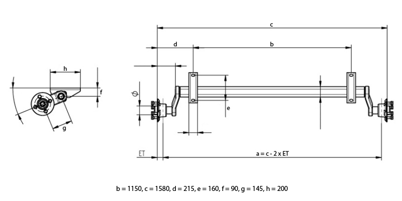 Náprava KNOTT G 13 (1300 kg) b=1237 mm, 100x4, vysoké patky, (Vario/Rapid)