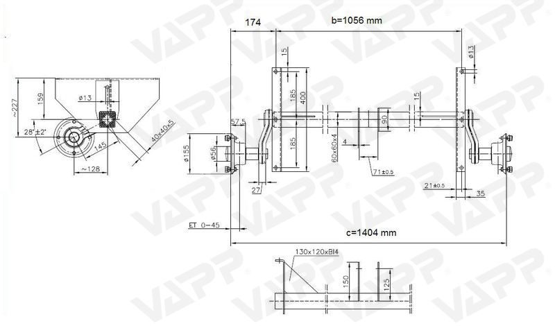 Náprava KNOTT VG 7-L (750 kg) b=1056 mm, c=1404 mm100x4, vysoké patky (Sacher)