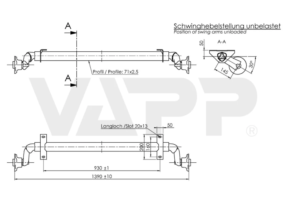 Náprava AL-KO UBR 700-5 (750 kg) a=930 mm, c=1390 mm, 100x4, patky 50