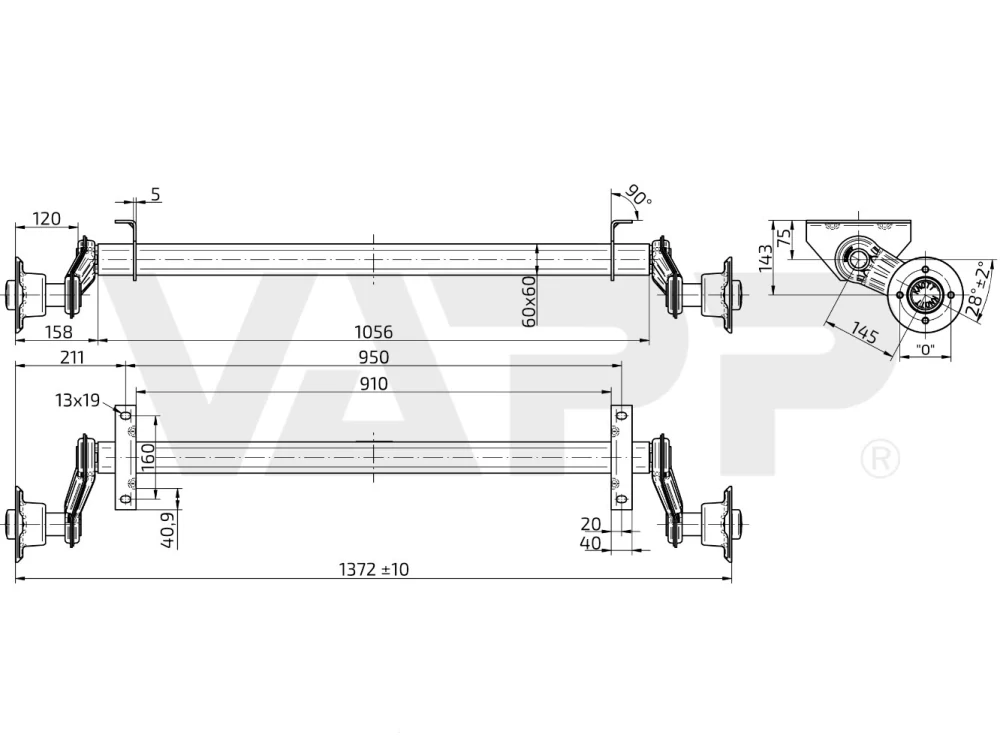 Náprava Knott VG 7-L (750 kg) b=950 mm, c=1372 mm, 100x4