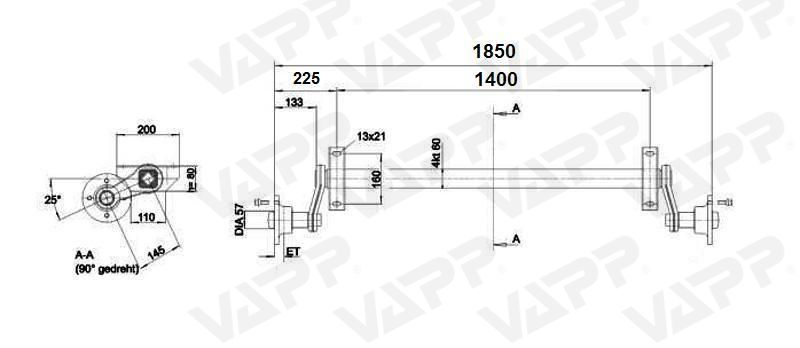 Náprava KNOTT VG 7-L (750 kg) b=1400 mm, 100x4 