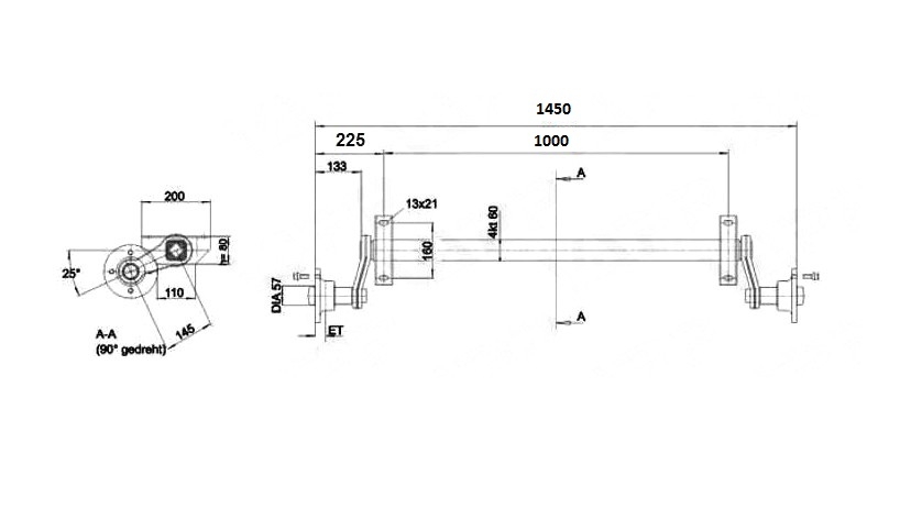 Náprava KNOTT VG 7-L (750 kg) b=1000 mm, 100x4, nízké patky