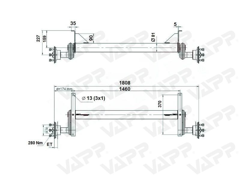 Náprava KNOTT G 13 (1300 kg) b=1460 mm, 112x5, vysoké patky (Sacher)
