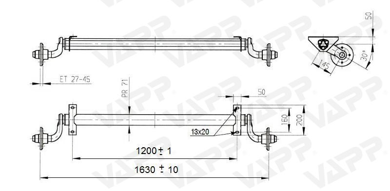Náprava AL-KO UBR 400-5 (400 kg) a=1200 mm, 100x4, kuželíková. ložiska
