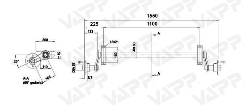 Náprava KNOTT VG 7-L (750 kg) b=1100 mm, 100x4, nízké patky