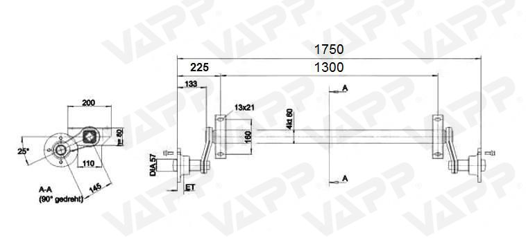 Náprava KNOTT VG 7-L (750 kg) b=1300 mm, 100x4