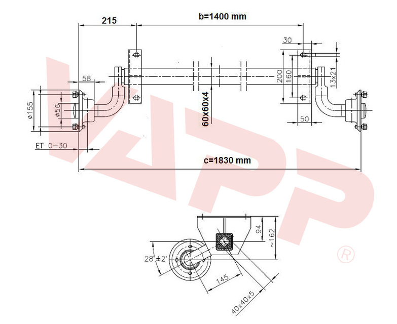 Náprava KNOTT VG 7-L (750 kg) b=1400 mm, 100x4, střední patky (PV 0.7)