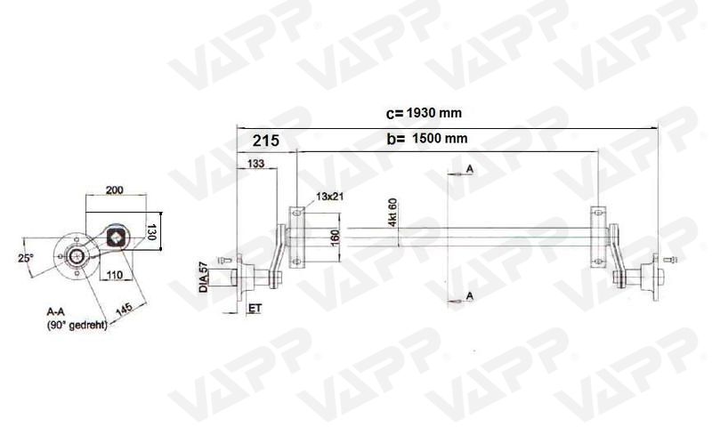 Náprava KNOTT VG 7-L (750 kg) b=1500 mm, 100x4
