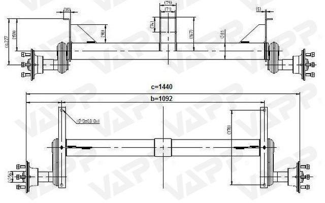 Náprava KNOTT G 13 (1300 kg) b=1092 mm, 100x4, vysoké patky, (NP,DV)