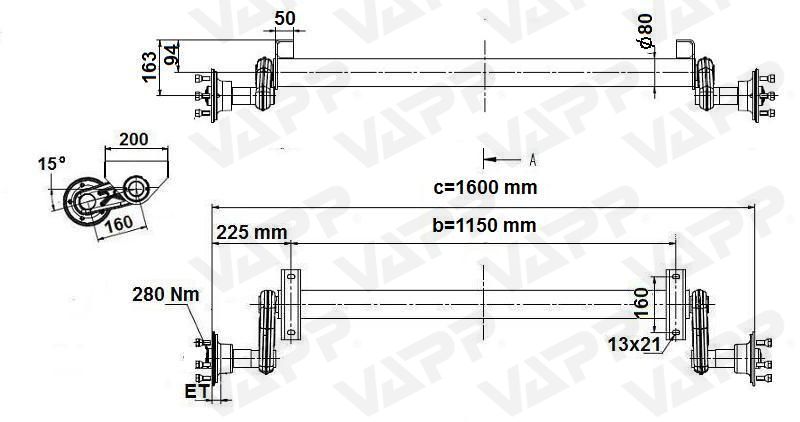 Náprava KNOTT G 13 (1300 kg) b=1150 mm, 100x4, střední patky, (PV 0.7)