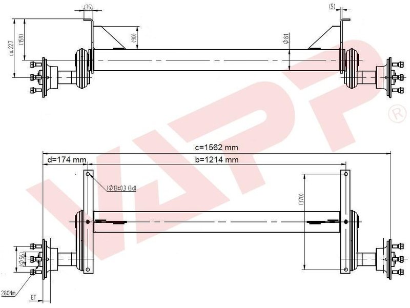 Náprava KNOTT G 13 (1300 kg) b=1214 mm, 112x5, vysoké patky (Sacher)