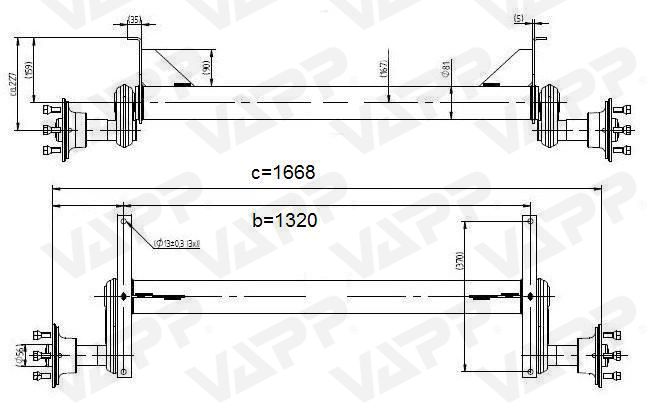 Náprava KNOTT G 13 (1300 kg) b=1320 mm, 112x5, vysoké patky (Sacher)