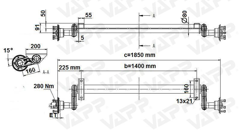 Náprava KNOTT G 13 (1300 kg) b=1400 mm, 100x4, nízké patky