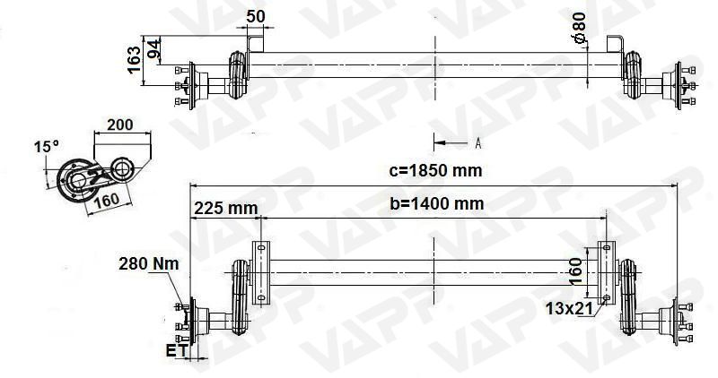 Náprava KNOTT G 13 (1300 kg) b=1400 mm, 100x4, střední patky, (PV 0.7)