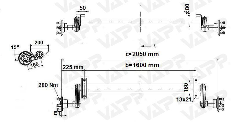 Náprava KNOTT G 13 (1300 kg) b=1600 mm, 100x4