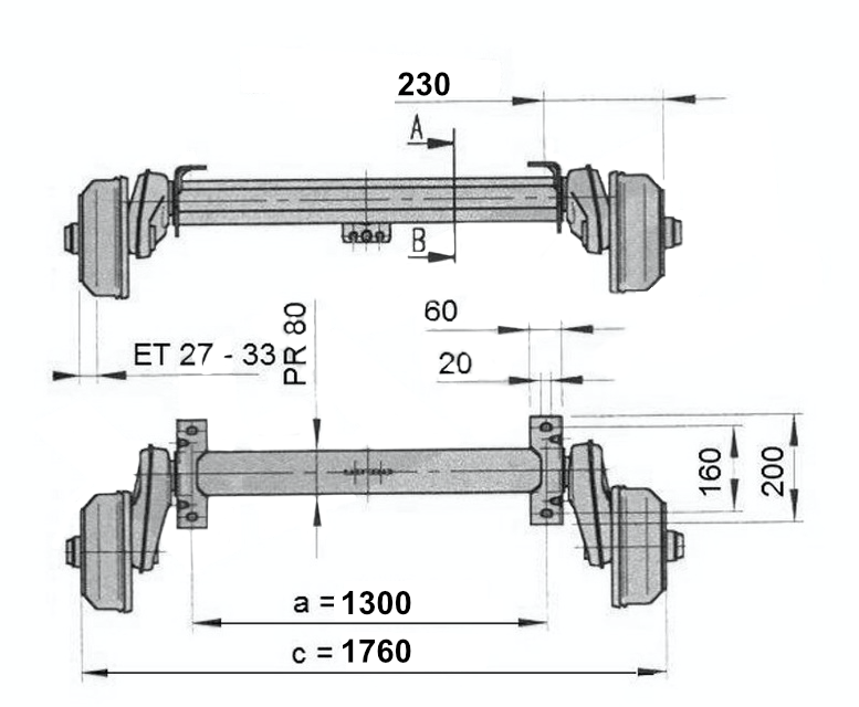 Náprava AL-KO Compact B 850-10 (1000 kg) a=1300 mm, 100x4