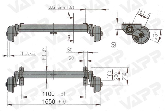 Náprava AL-KO Plus B 1200-6 (1350 kg) a=1100 mm, 112x5