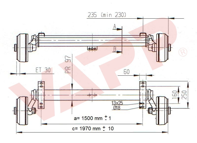 Náprava AL-KO Plus B 1600-1 (1600 kg) a=1500 mm, 112x5