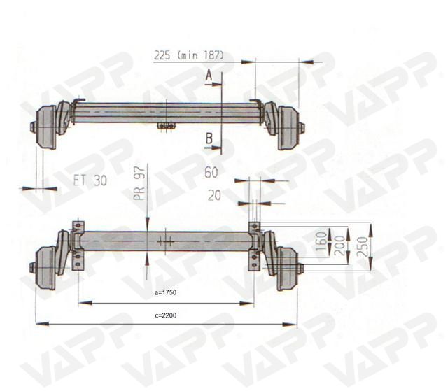 Náprava AL-KO Plus B 1600-1 (1600 kg) a=1750 mm, 112x5