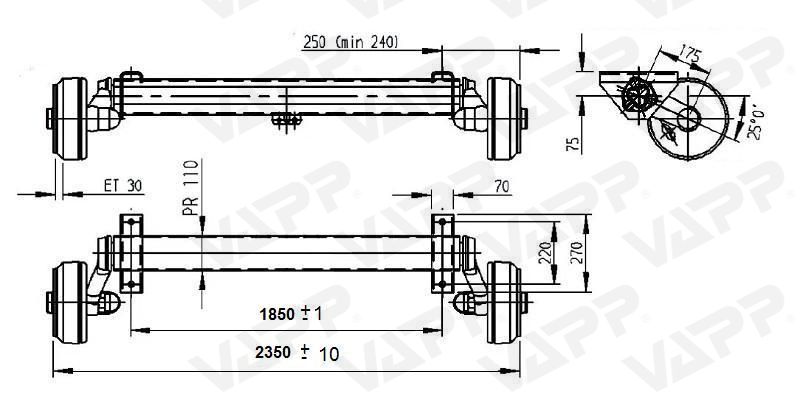 Náprava AL-KO Plus B 1800-9 (1800 kg) a=1850 mm, 112x5 (standardní patky)