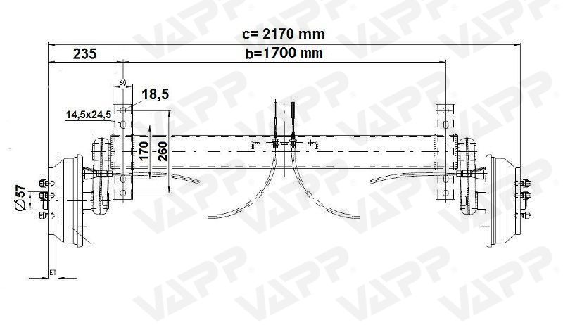 Náprava KNOTT GB 15 (1500 kg) b=1700 mm 250x40 (112x5)