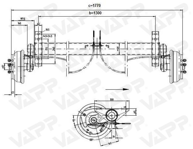 Náprava KNOTT GB 18 (1800 kg) b=1300 mm 250x40 (112x5)