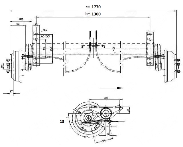 Náprava KNOTT GB 18 (1800 kg) b=1300 mm 250x40 (112x5), s ANS