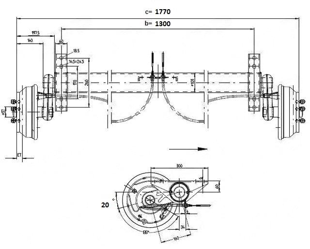 Náprava KNOTT GB 18 (1800 kg) b=1300 mm zesílená 250x40 (112x5) 20st.