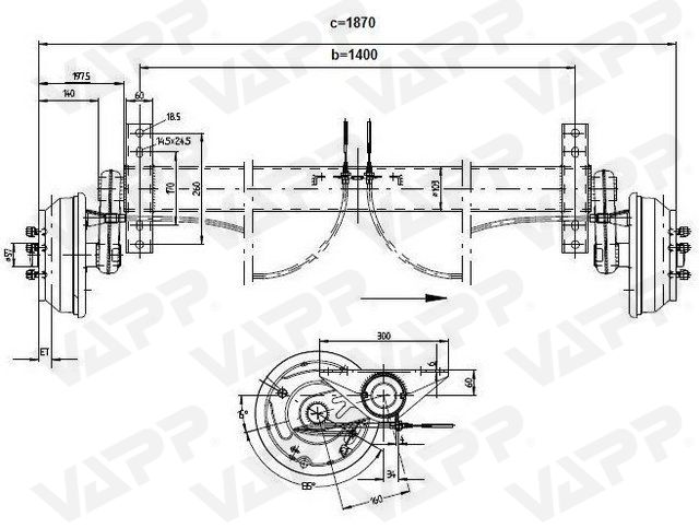 Náprava KNOTT GB 18 (1800 kg) b=1400 mm 250x40 (112x5)