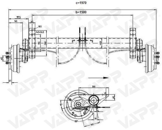 Náprava KNOTT GB 18 (1800 kg) b=1500 mm 250x40 (112x5)