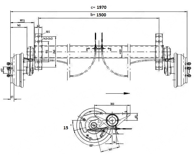 Náprava KNOTT GB 18 (1800 kg) b=1500 mm zesílená 250x40 (112x5) 20st. + ANS