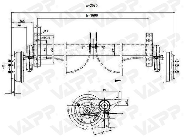 Náprava KNOTT GB 18 (1800 kg) b=1600 mm 250x40 (112x5)