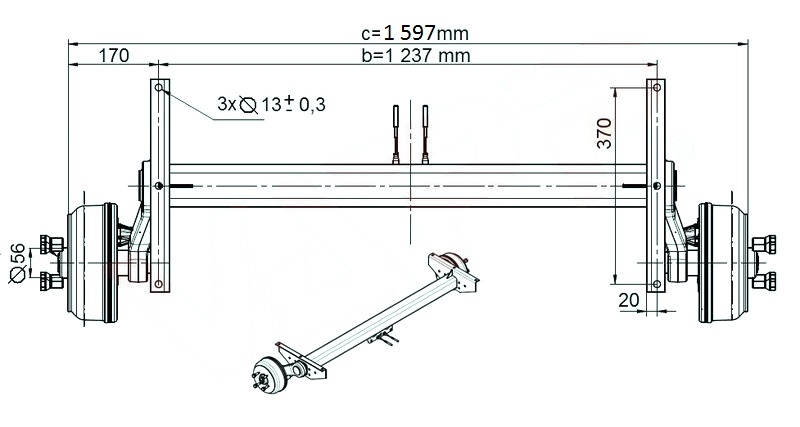 Náprava KNOTT VGB 13-M (1350 kg) b=1237 mm, 200x50 (112x5), vysoké patky