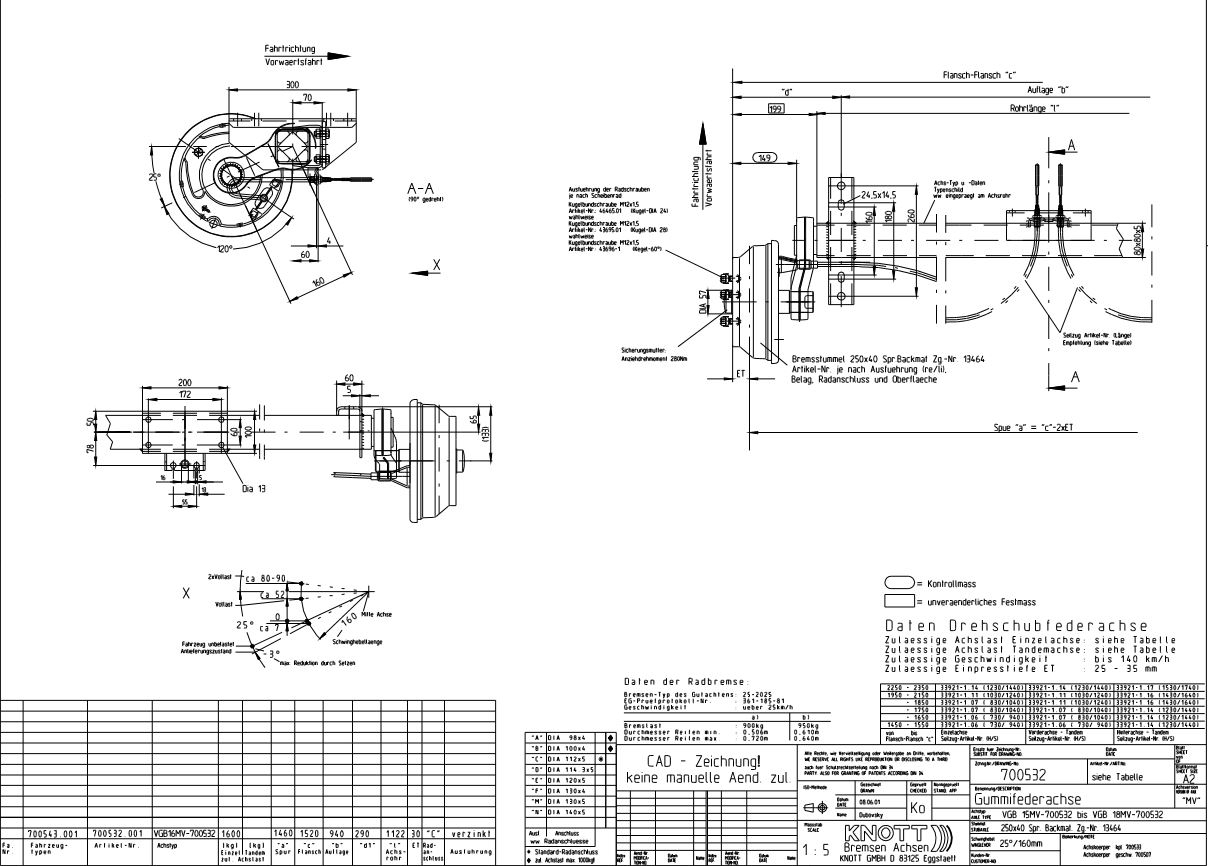Náprava KNOTT VGB 16-M (1600 kg) b=940 mm, 250x40 (112x5)