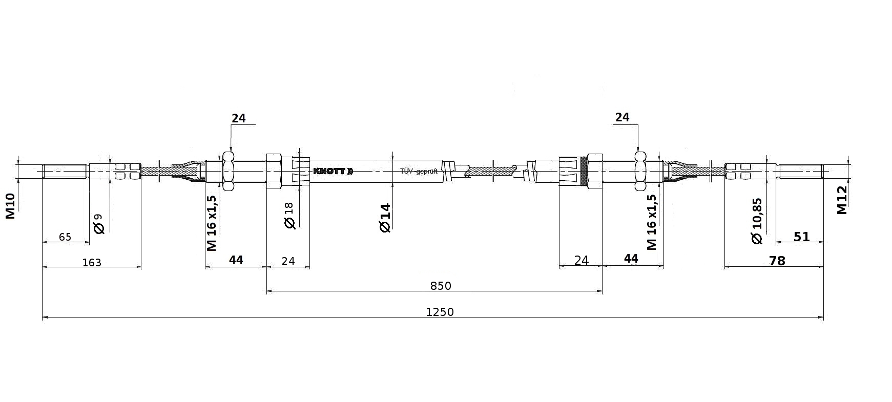 Lanovod brzdový pro KHV KNOTT 850/1250 závit M10-M12