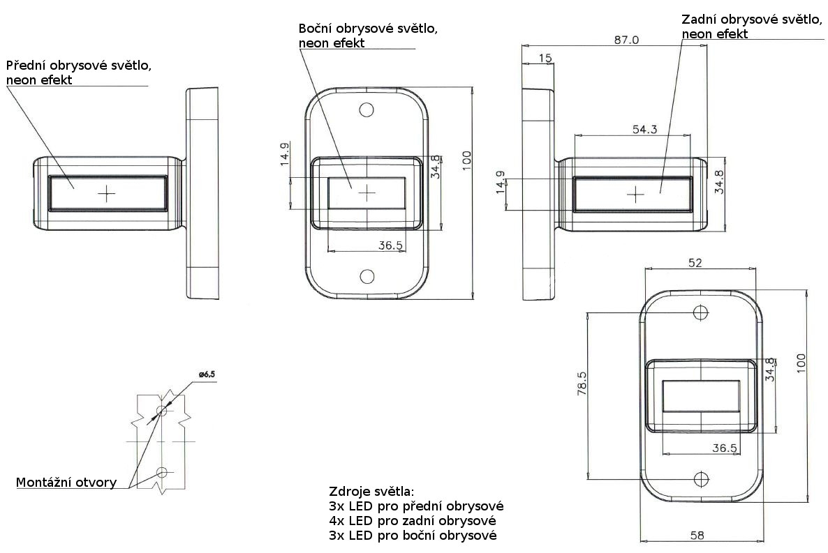 Svítilna doplňková obrysová LED WAS W168.3 L/P, 12-24V, neon ef. - NOVINKA