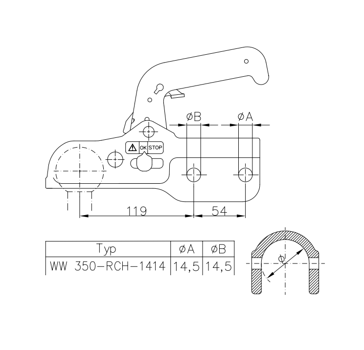 Tažná spojka KZ K35 prům. 60 mm, 3500 kg, vrtání 14,5 mm