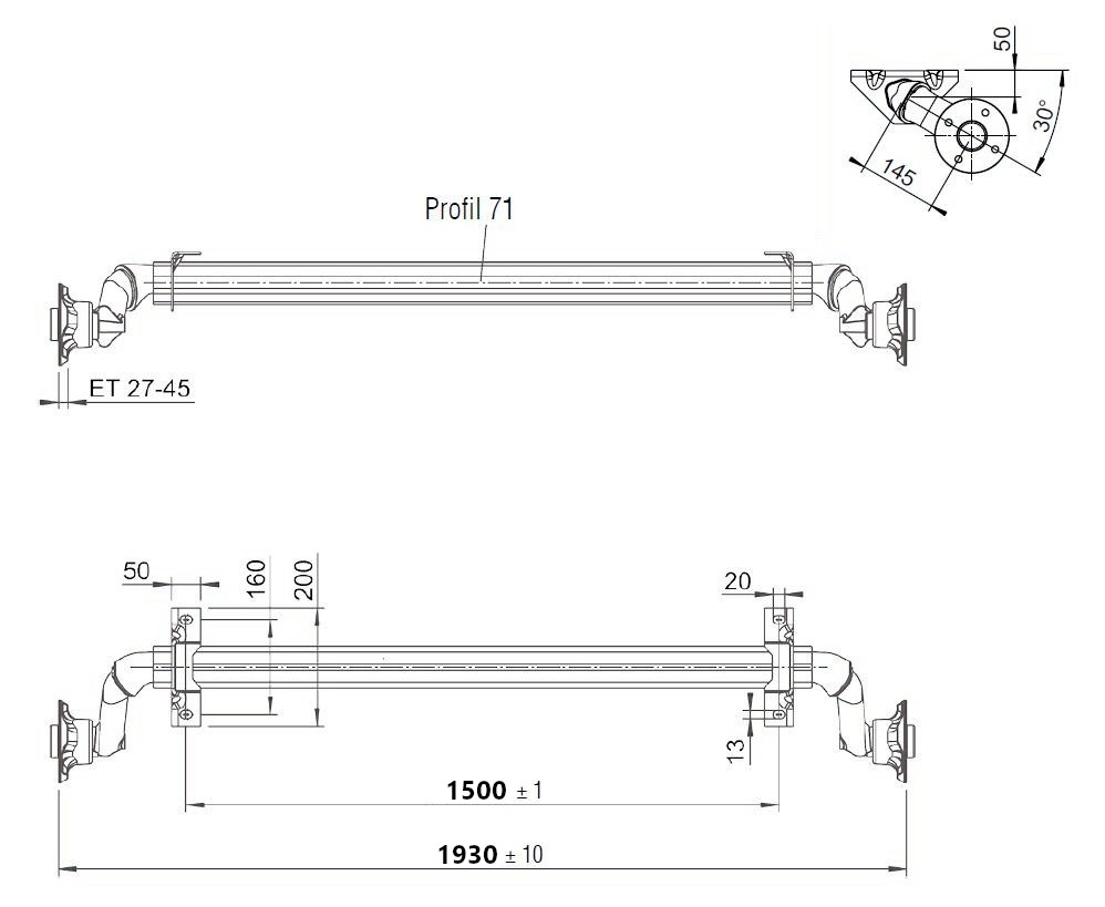 Náprava AL-KO UBR 700-5 (750 kg) a=1500 mm, 100x4, patky 50