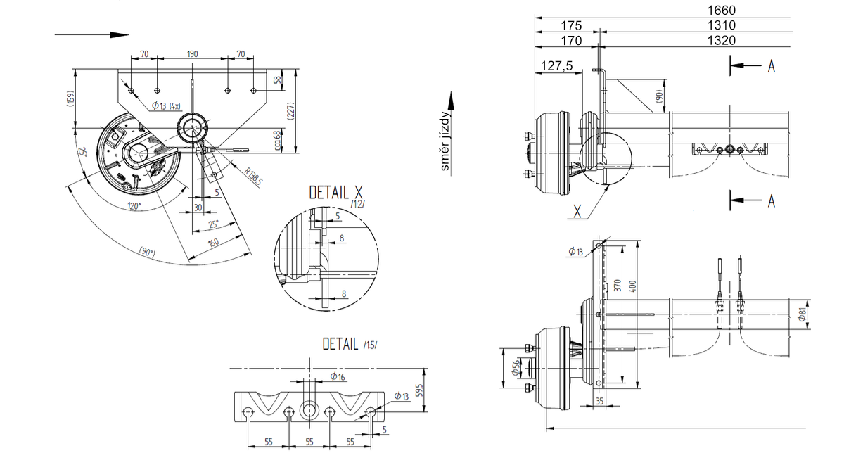Náprava KNOTT GB 13 (1350 kg) b=1320 mm 200x50 (112x5), vysoké patky (Sacher)