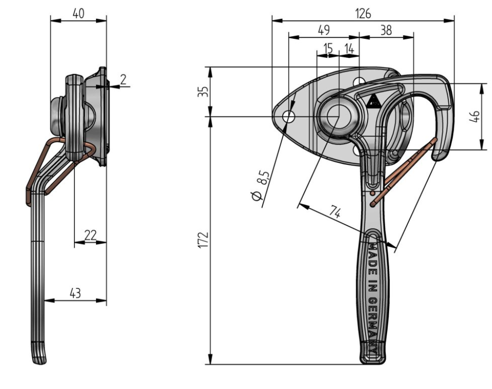 Závěr bočnic 10-R - kerhák s plotýnkou pravý (bez protikusu) k přívěsům P3S