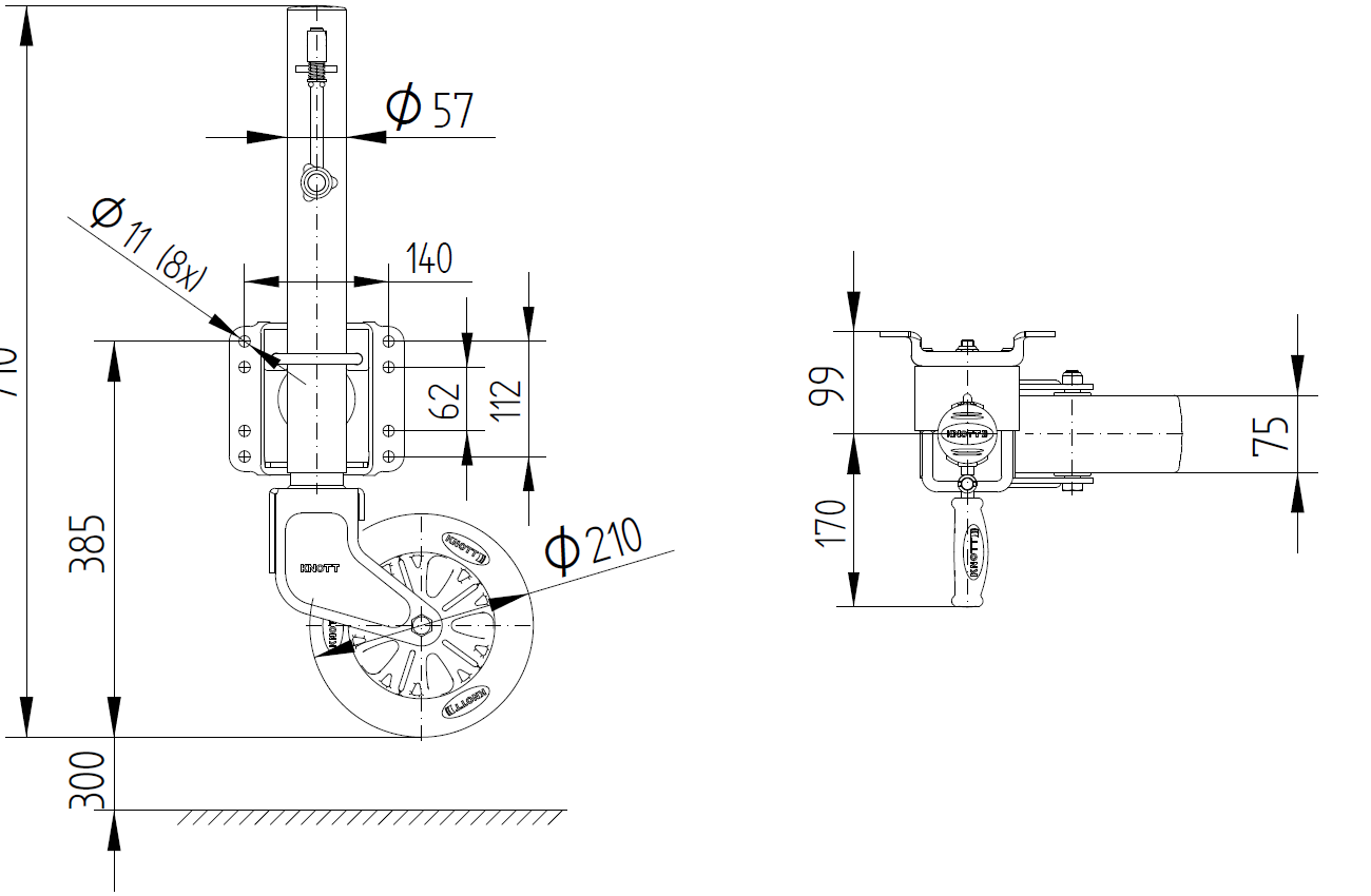 Opěrné kolečko KNOTT TK57 s otočnou přírubou