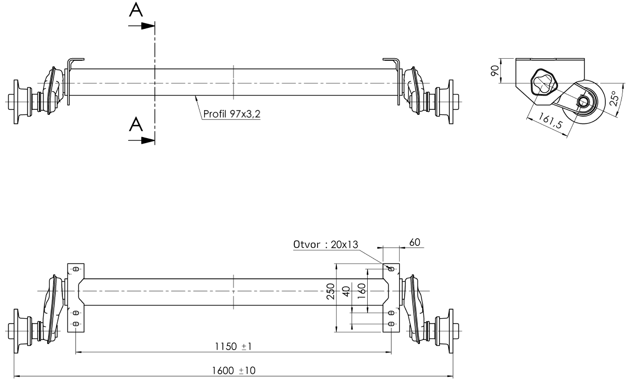 Náprava AL-KO Plus UBR 1200-5 (1300 kg) a=1150 mm, 100x4, patky 90