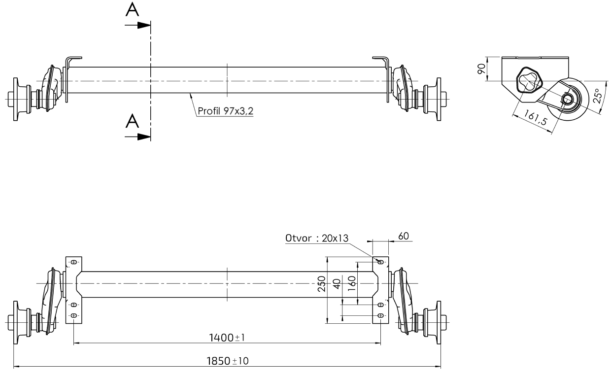Náprava AL-KO Plus UBR 1200-5 (1300 kg) a=1400 mm, 100x4, patky 90