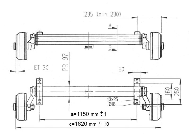 Náprava AL-KO Plus B 1600-1 (1600 kg) a=1150 mm, 112x5