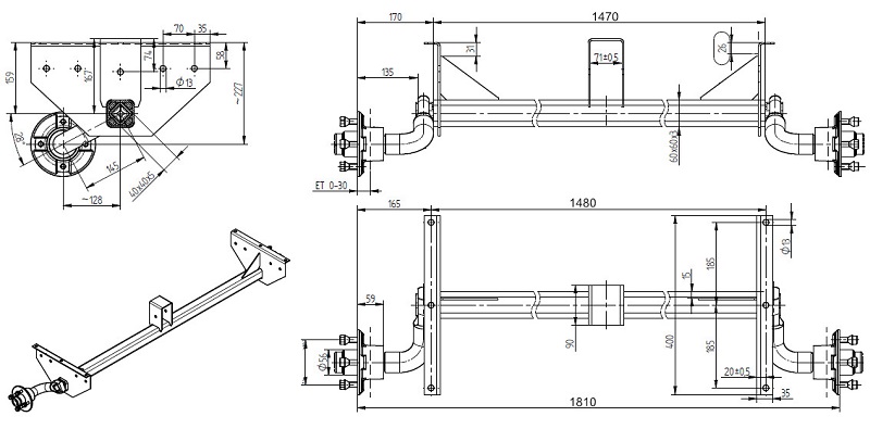 Náprava KNOTT VG 7-L (750 kg) b=1480 mm, c=1810 (100x4), vysoké patky