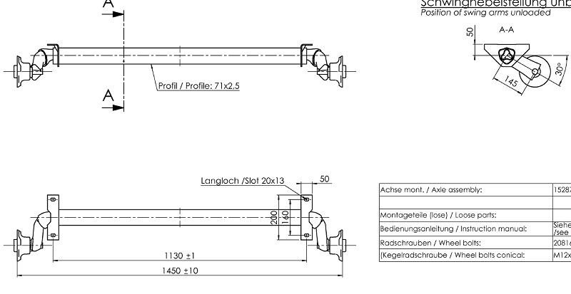 Náprava AL-KO UBR  700-5 (750 kg) a=1130/c=1450 mm, 100x4, patky 50 (pro VAPP BASIC)