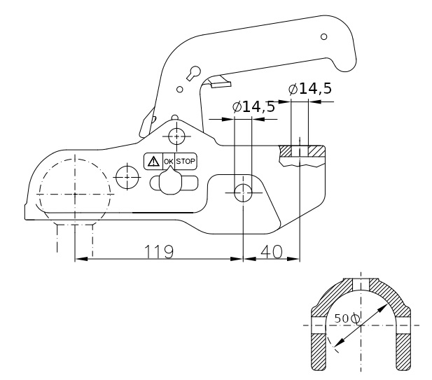 Tažná spojka WW 350 R-B pr. 50 mm, 3500 kg, vrt. 14,5