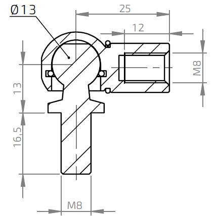 Kulový kloub k plynové vzpěře BM, M8x16, c=30mm, pro závit M8, ocel