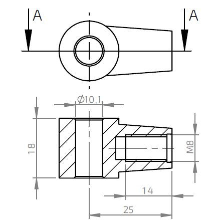 Oko k plynové vzpěře BM, pr. 10,1mm, c=25mm, pro závit M8, zamak