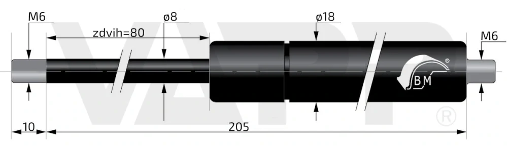 Plynová vzpěra Berthold Marx 205 mm, 100N, 08/18 M6